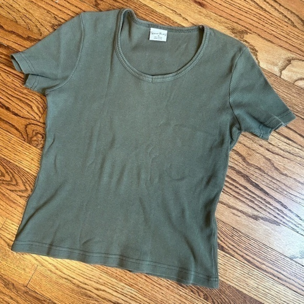 French Laundry Olive Green Cotton Ribbed Women’s Short Sleeve Tee Sz M